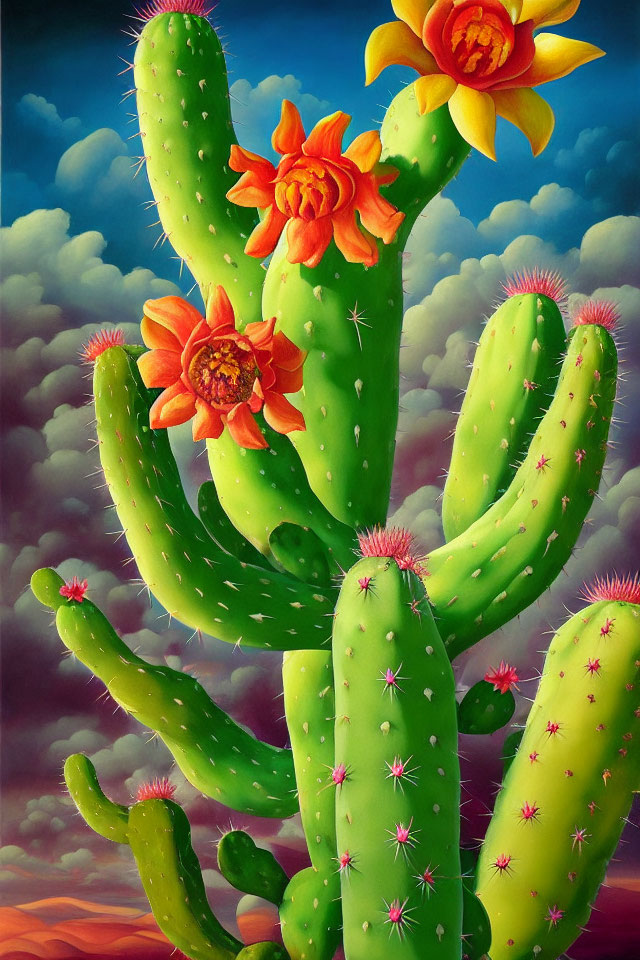 Colorful painting of green cactus with orange flowers in surreal sky