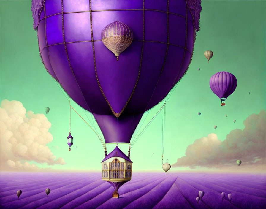 Colorful hot air balloon illustration above lavender field