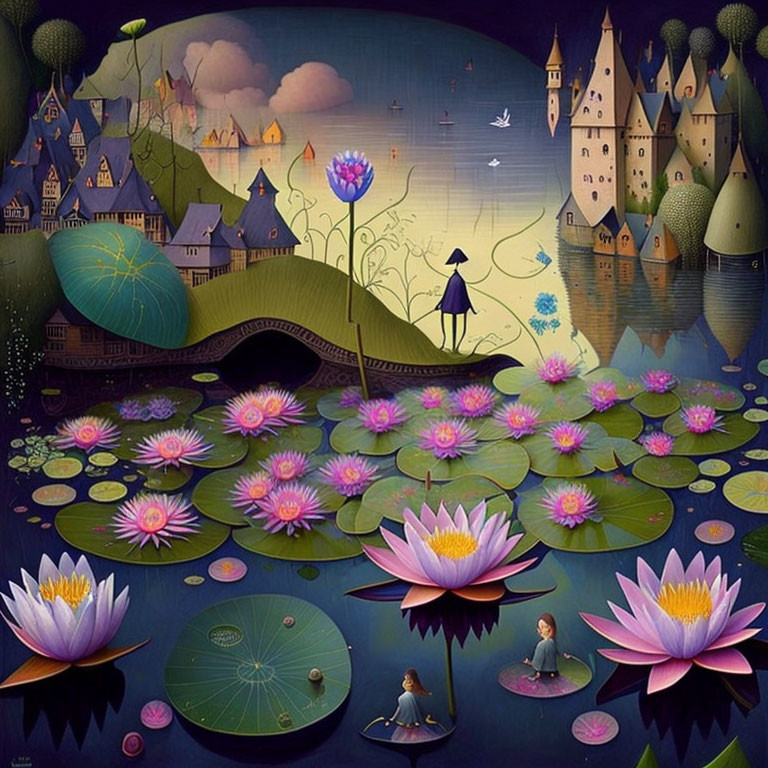 Surreal landscape featuring oversized flowers, water lilies, figures on leaves, and whimsical houses