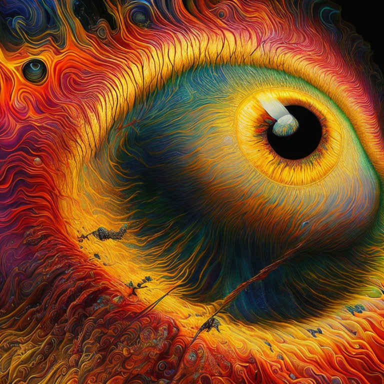 Colorful surreal eye art with swirling fiery colors and abstract patterns.