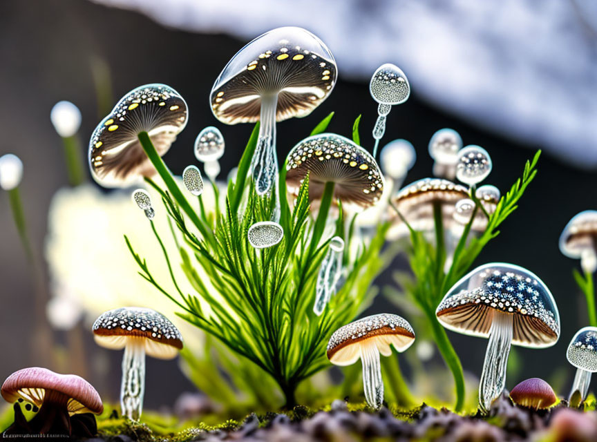 Glowing mushrooms with dew drops on vibrant moss bed