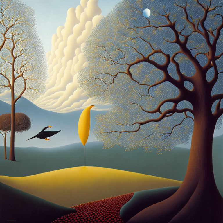 Surreal landscape with stylized tree, bird, hills, moon, and yellow canopy under cloud