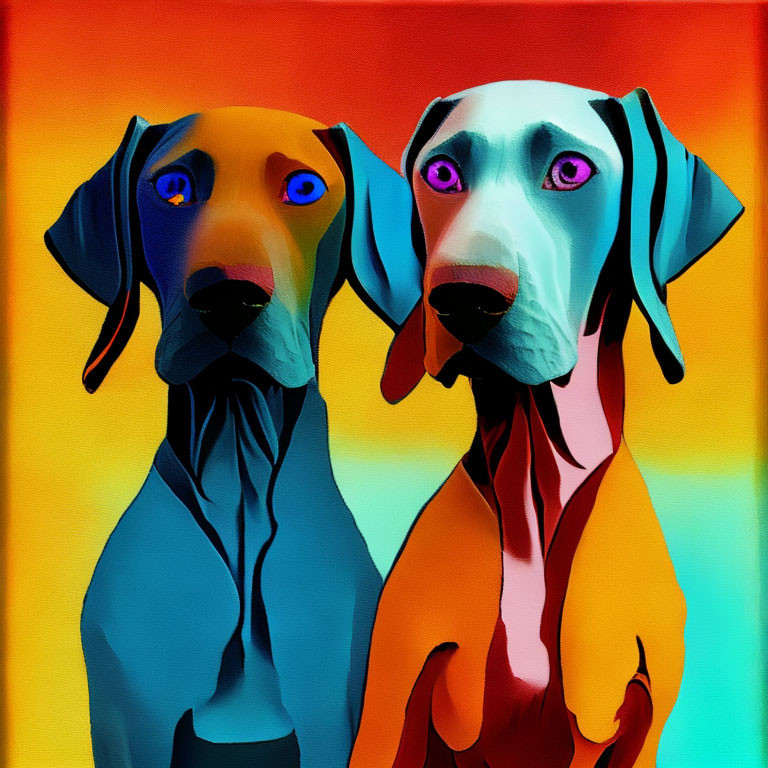 Vibrant artistic depiction of two exaggerated dogs on warm gradient background