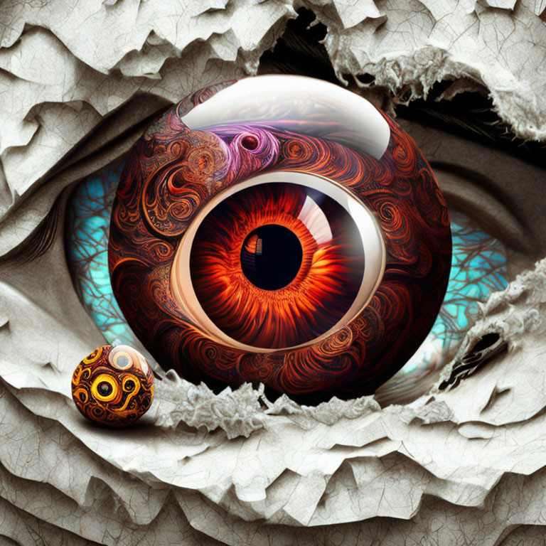 Surreal eye with intricate iris patterns and torn paper layers