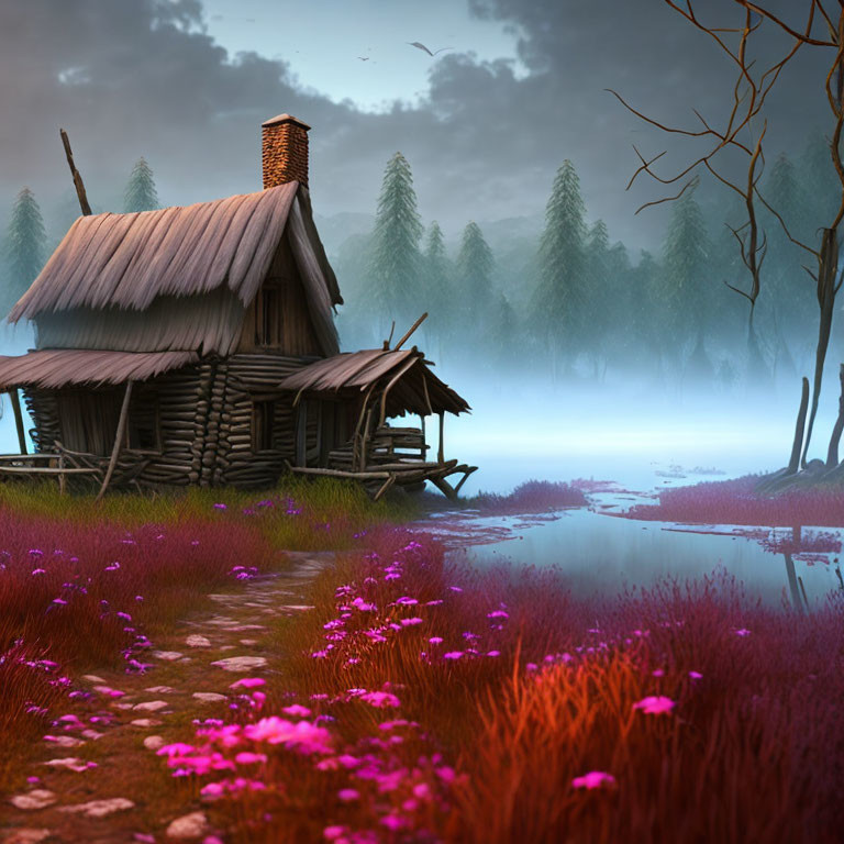 Rustic wooden cabin by calm river at dusk surrounded by purple wildflowers