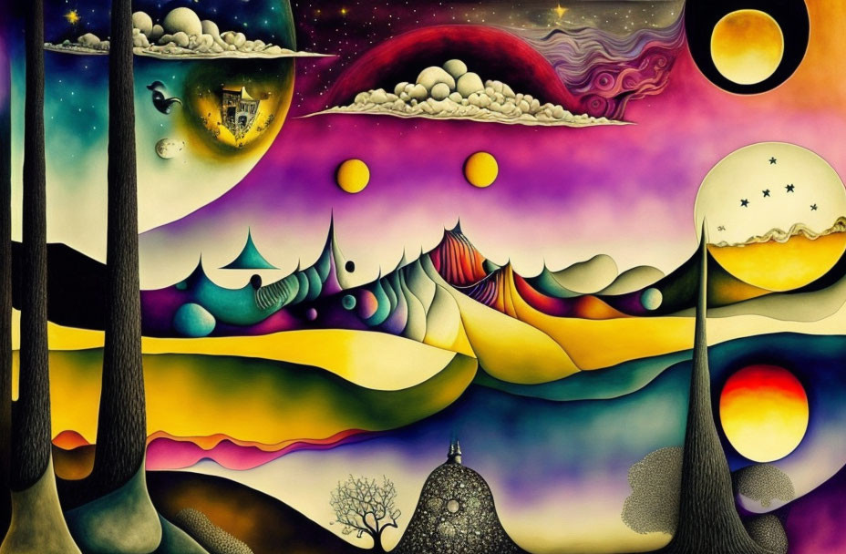 Colorful surreal landscape with celestial orbs and whimsical elements