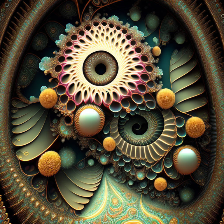 Symmetrical fractal image resembling peacock plumage