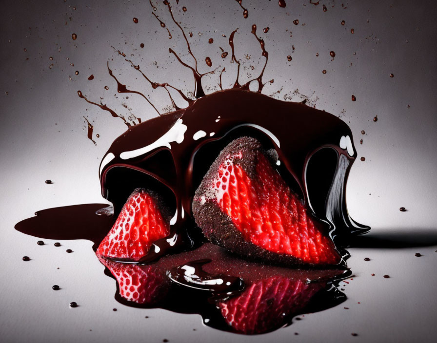 Fresh Strawberry Slices in Chocolate Sauce with Splashes on Reflective Surface