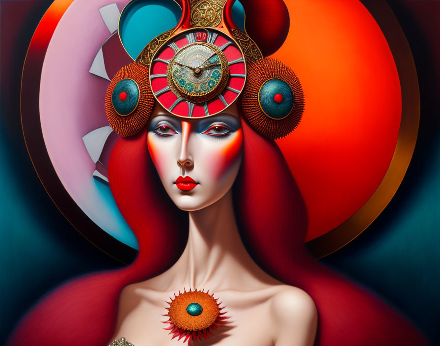 Stylized surreal portrait of woman with red hair and ornate headdress on red-orange backdrop