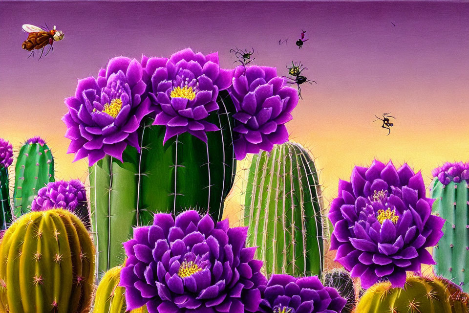 Vibrant purple cactus flowers with insects on purple sky background