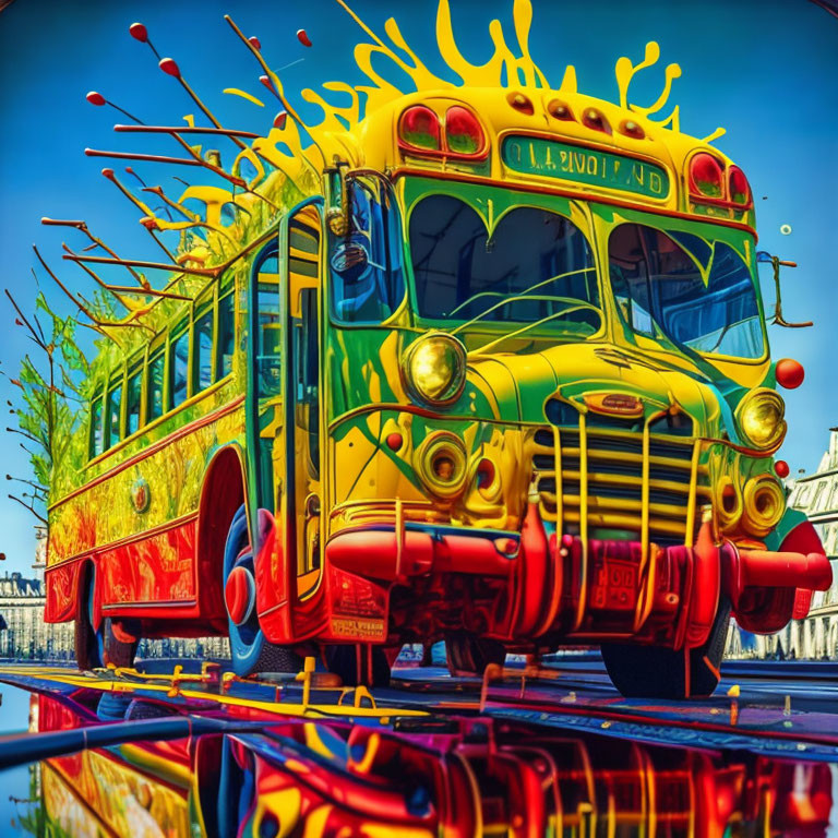 Colorful sculptural school bus with paint splashes and shiny surface