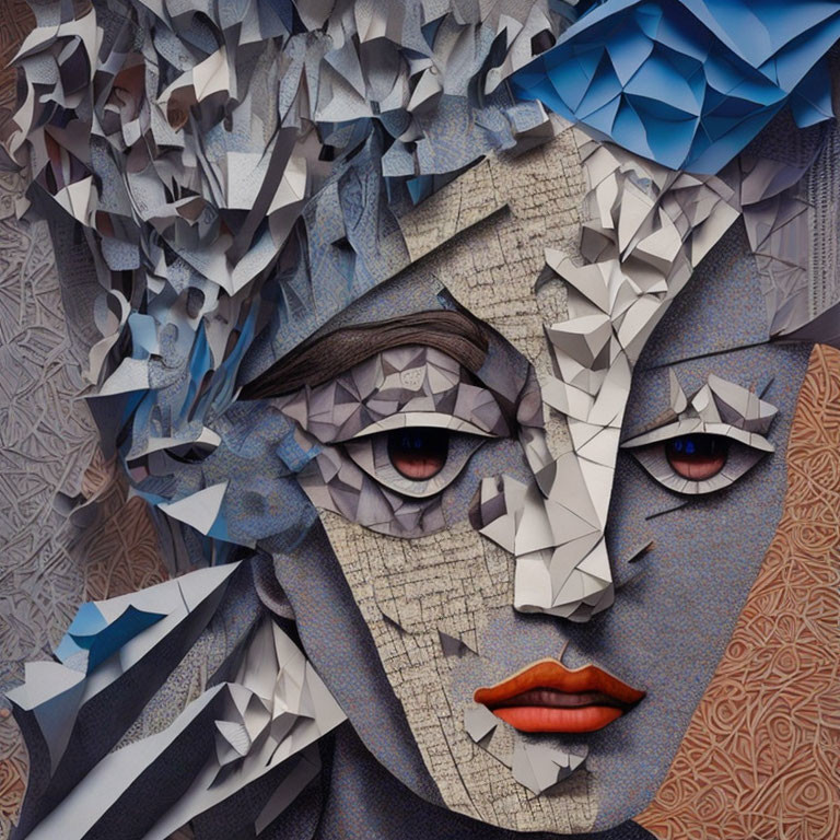 Geometric digital art: Woman's face with fragmented design in blue and neutral tones