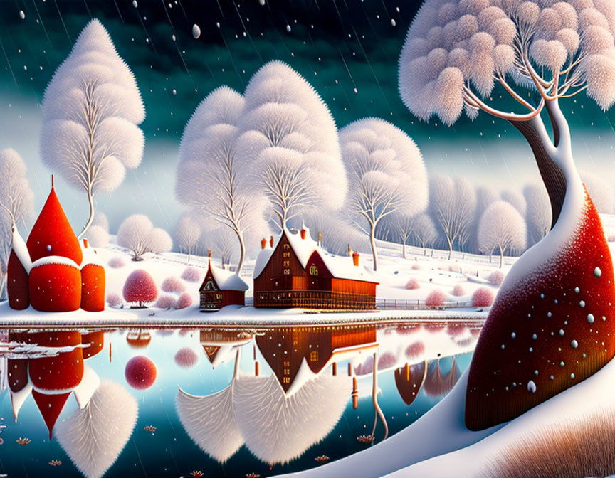 Snow-covered trees and quaint houses in serene winter night scene