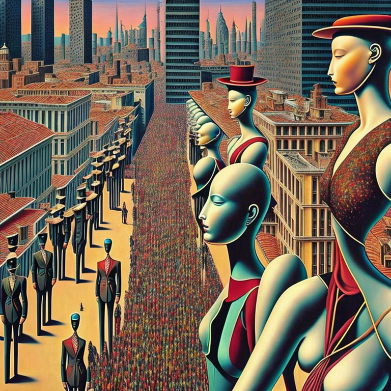 Abstract art: Male and female figures march in opposite directions in surreal cityscape.