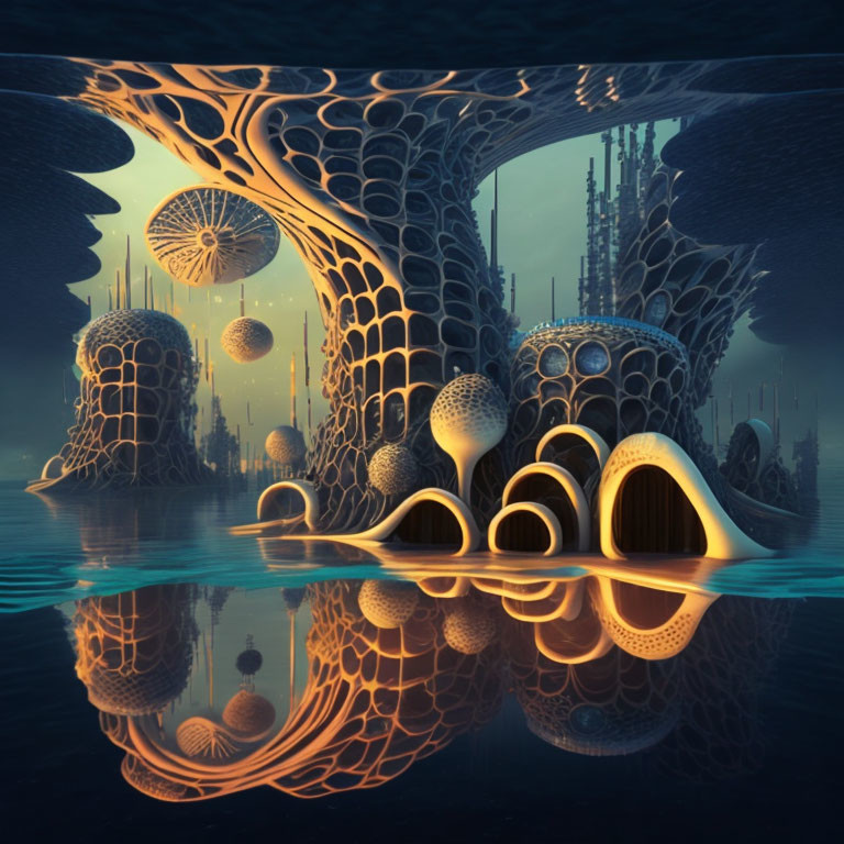 Fantastical cityscape with hive-like structures and floating orbs reflected in tranquil water.