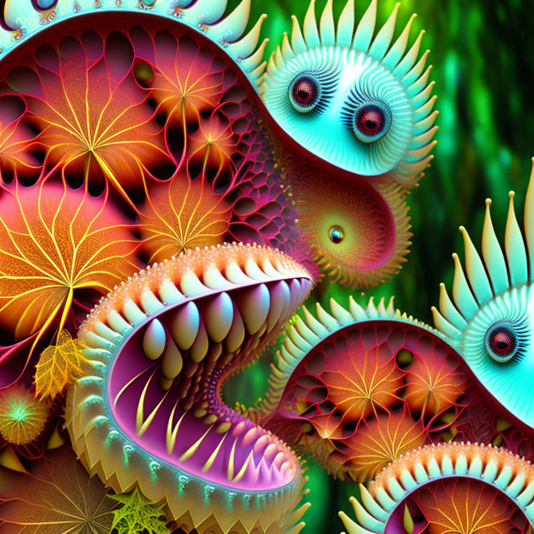 Vibrant fractal art with surreal, organic eye and tooth patterns