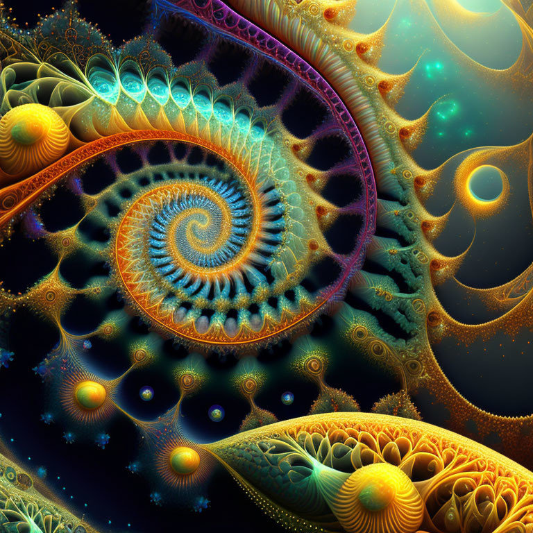 Colorful spiraling nautilus fractal art with luminous bubbles