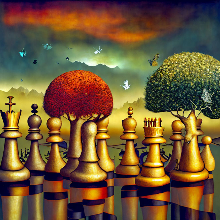 Surreal chess-themed artwork with tree-headed pieces and butterflies at dusk