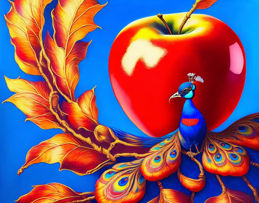 Colorful Peacock Artwork with Red Apple on Branch