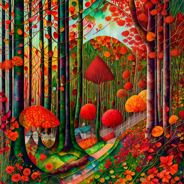 Colorful forest with stylized trees, oversized mushrooms, and intricate flowers