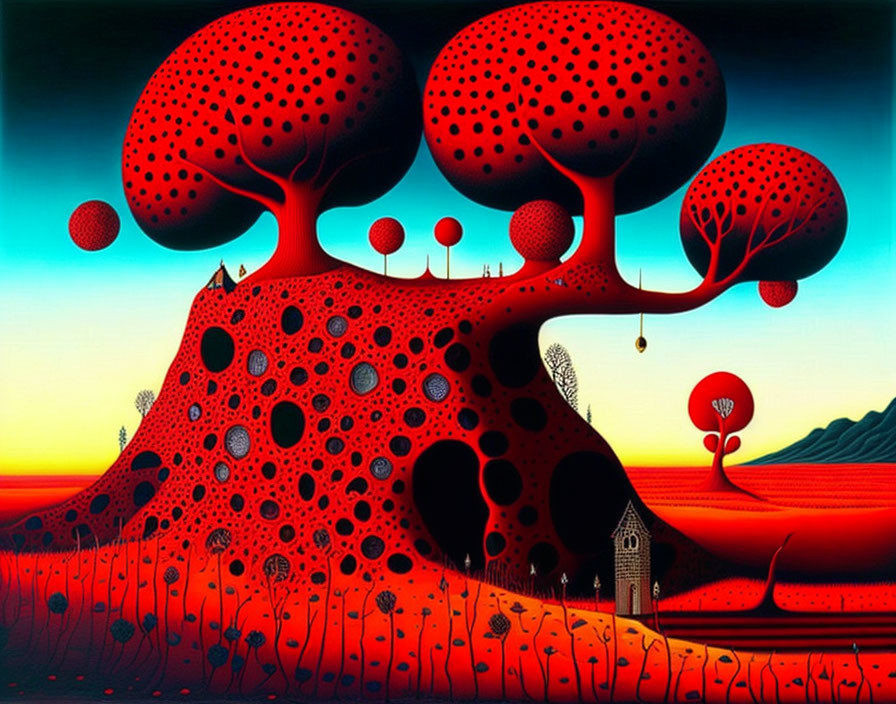 Surrealist landscape with red mushroom-like trees under gradient sunset sky