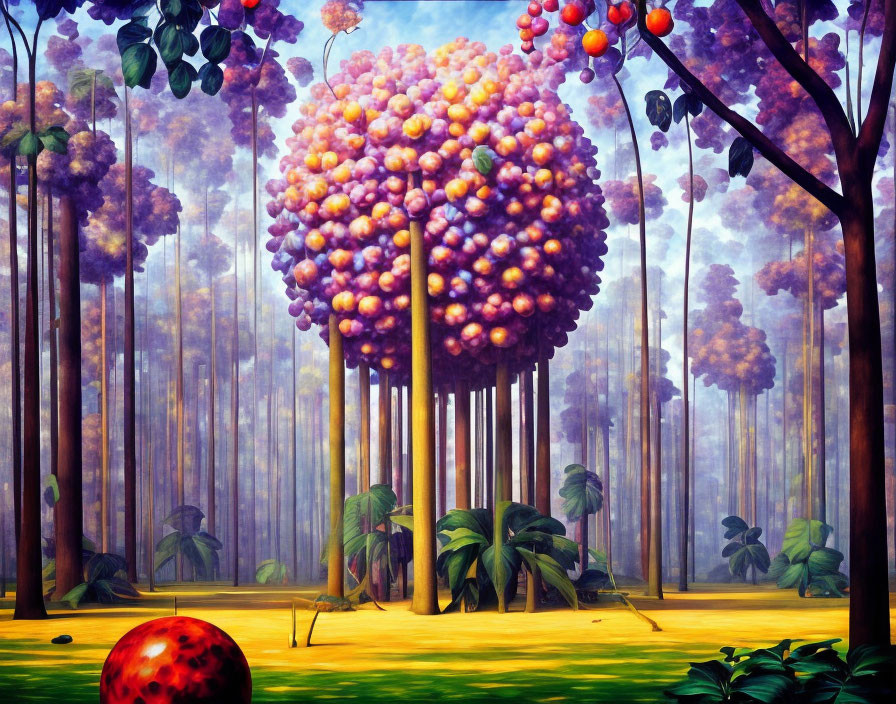 Colorful Oversized Fruit Trees in Vibrant Forest Landscape