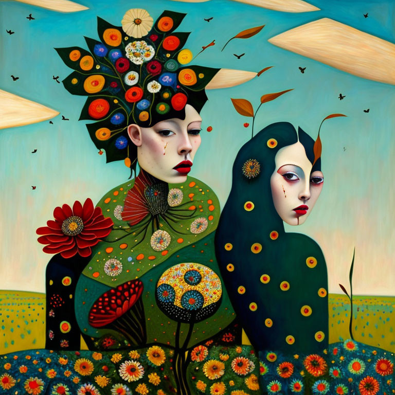 Surreal Painting: Female Figures with Floral Hair in Nature Scene