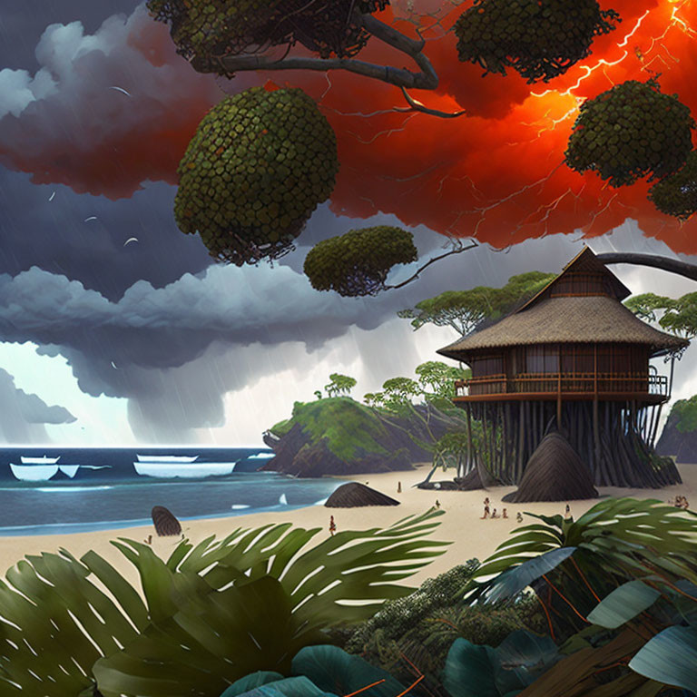 Tropical coastal scene with thatched hut, storm clouds, lightning, and fiery sky