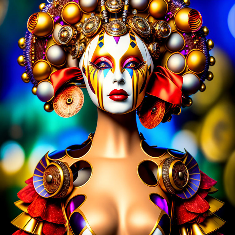 Colorful digital artwork of figure in futuristic headgear and shoulder pieces