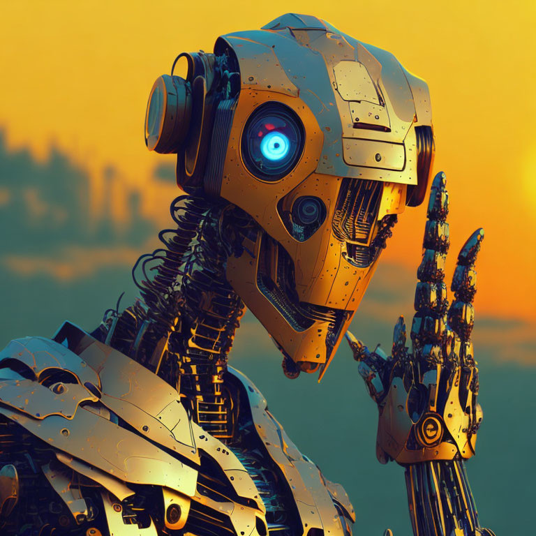 Detailed robot with glowing blue eye & mechanical parts against warm sunset.