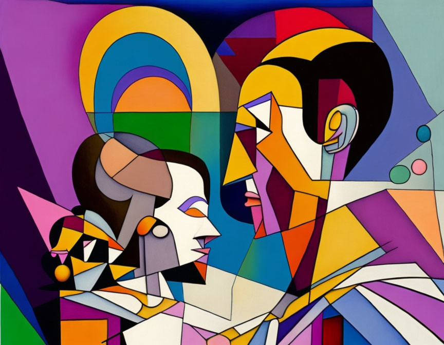 Colorful Cubist Painting: Man and Woman in Geometric Forms