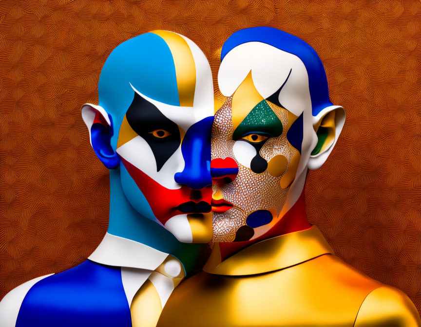 Abstract colorful makeup on two faces against an orange background.