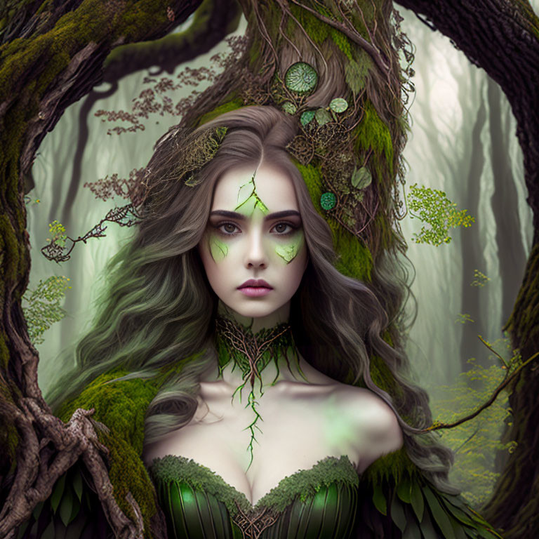 Woman with mystical forest makeup in enchanted woodland setting