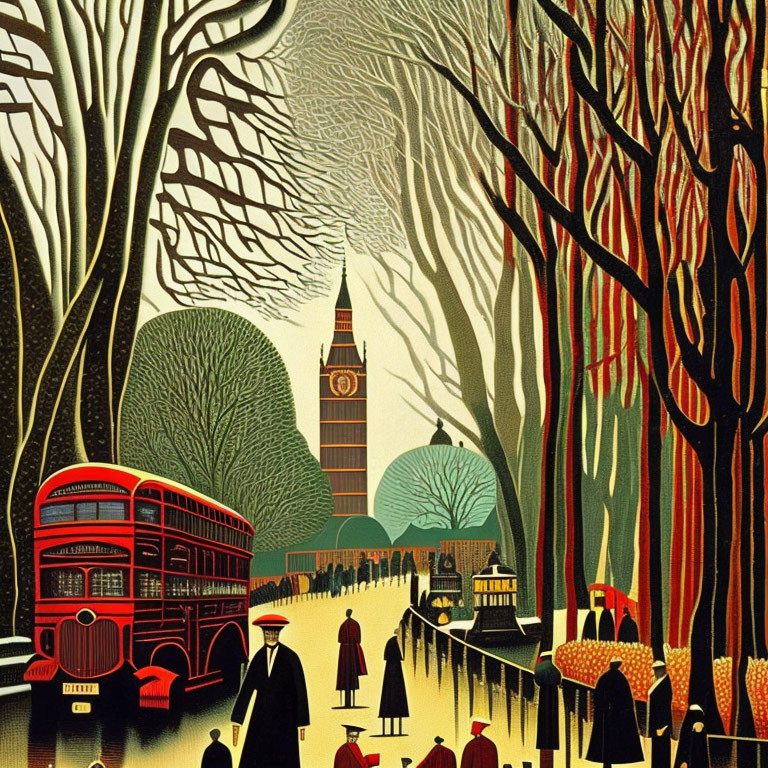 London scene with red buses, Big Ben, and vibrant trees