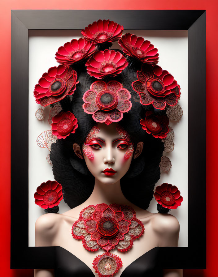 Stylized portrait of woman with red floral ornaments in hair on red background