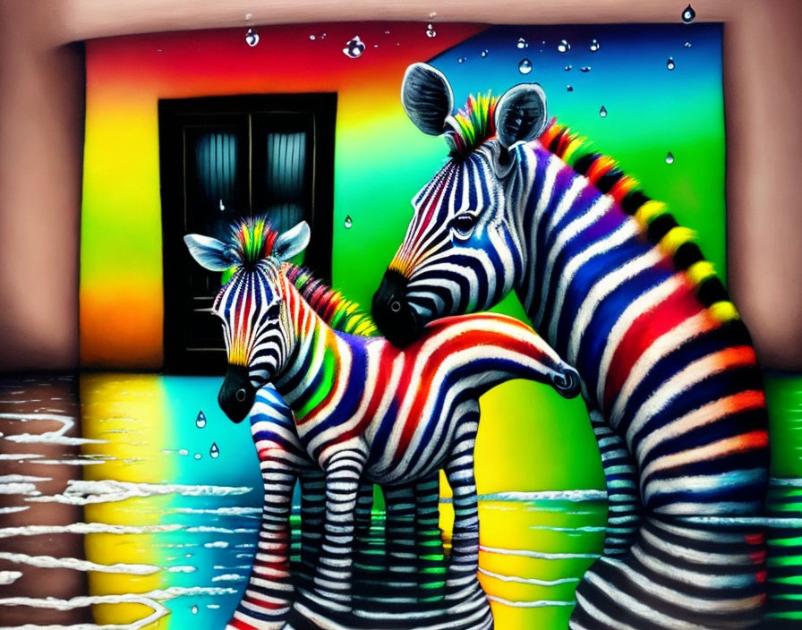 Colorful painting of zebras under rainbow in front of striped building