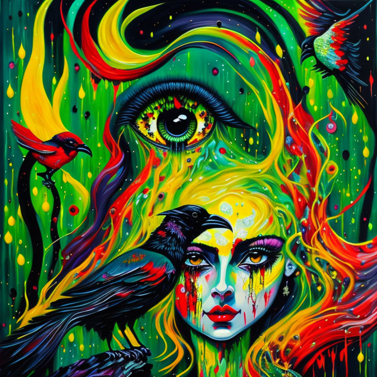 Colorful painting of a woman's face with central eye, birds, and swirling patterns