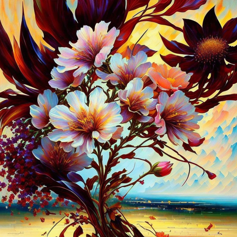 Colorful painting of pink and white flowers in vibrant landscape