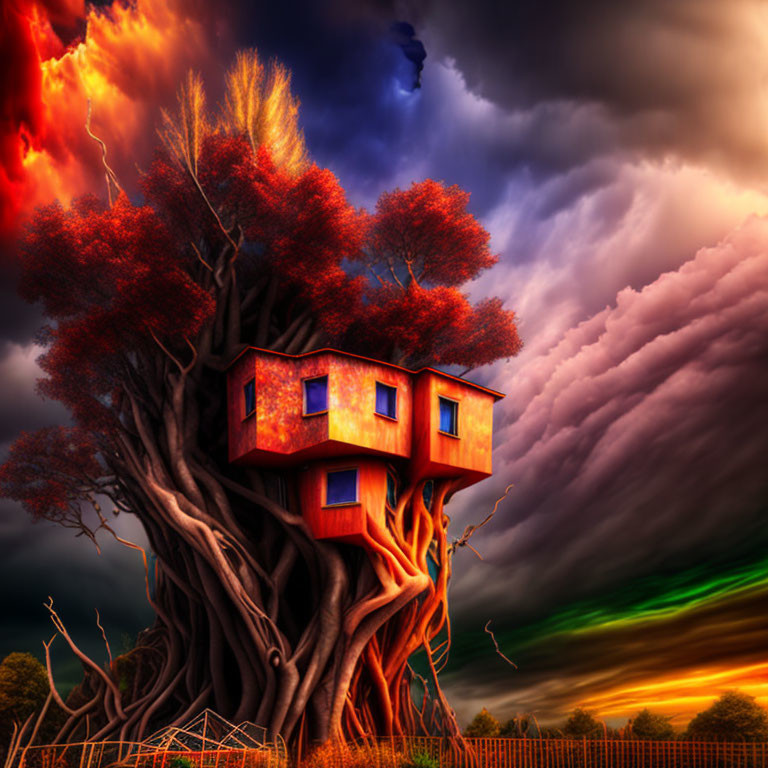 Glowing windows treehouse in gnarled tree under fiery sky