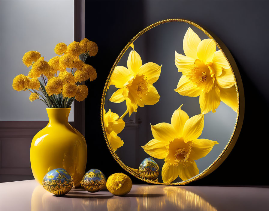 Yellow Vase with Flowers and Mirror Reflection on Table with Decorative Eggs