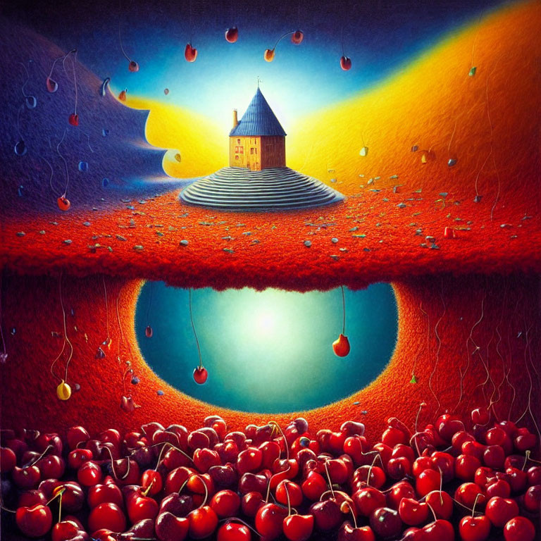 Surreal landscape with house on hill, cherries, and teardrop-shaped water body