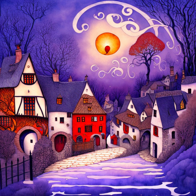 Colorful twilight village scene with glowing moon and swirl patterns