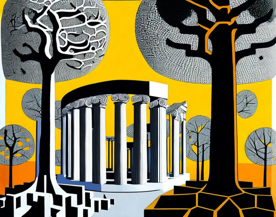 Monochromatic and Yellow Abstract Art with Trees and Greek Temple