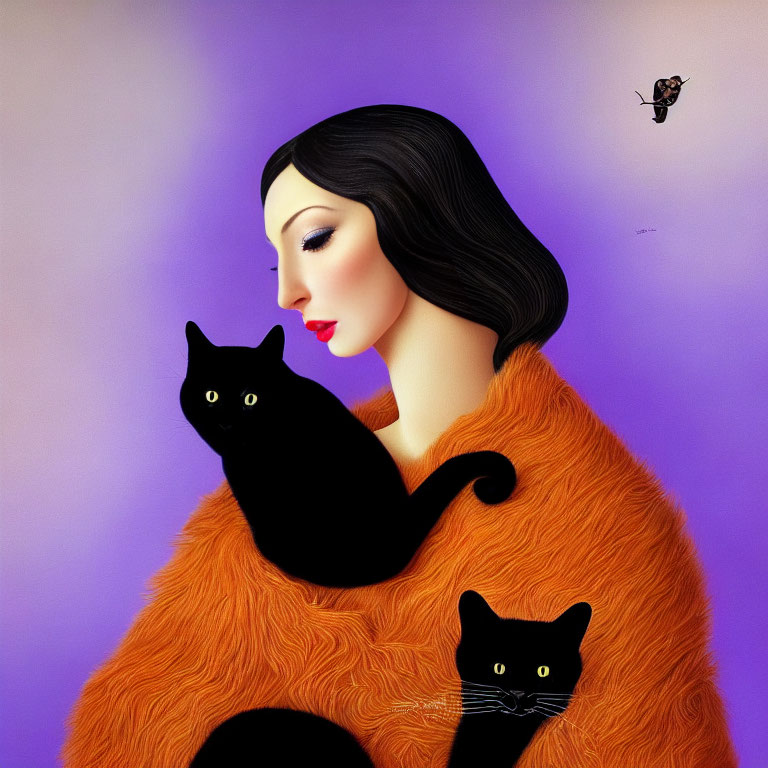 Illustration of woman with black hair holding black cat on purple background