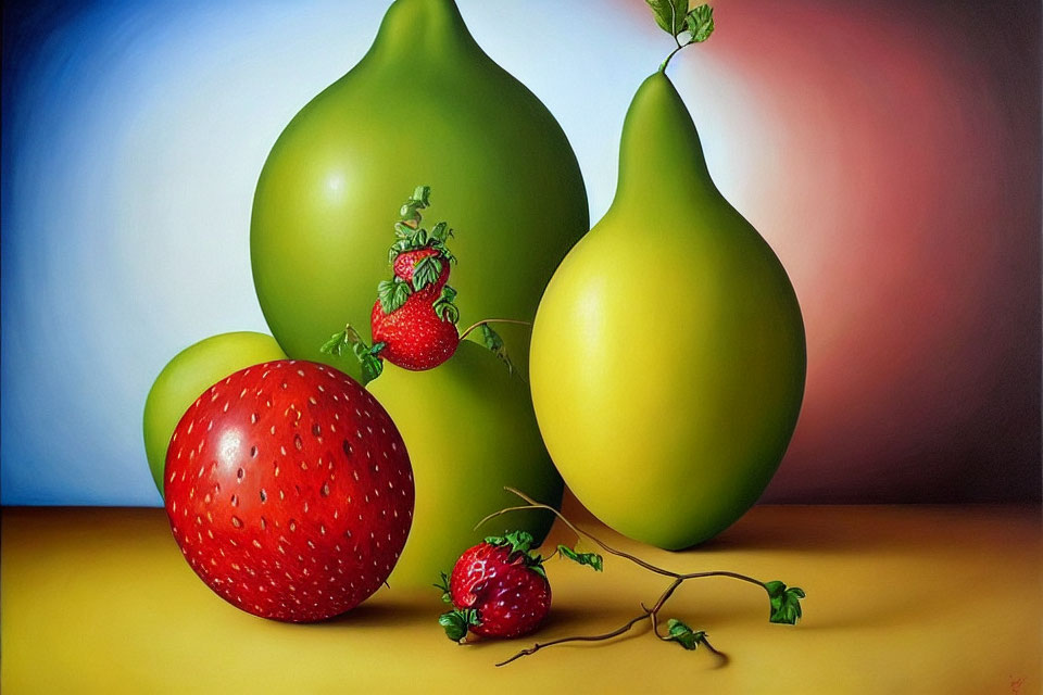 Hyperrealistic Painting of Oversized Fruits on Gradient Background