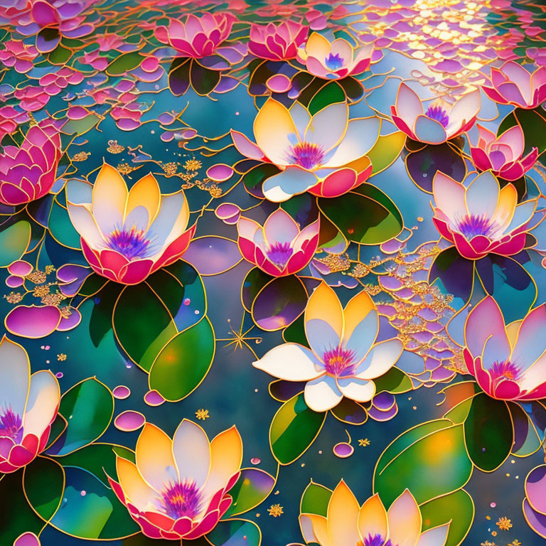 Numerous Pink and White Lotus Flowers on Blue Water Surface