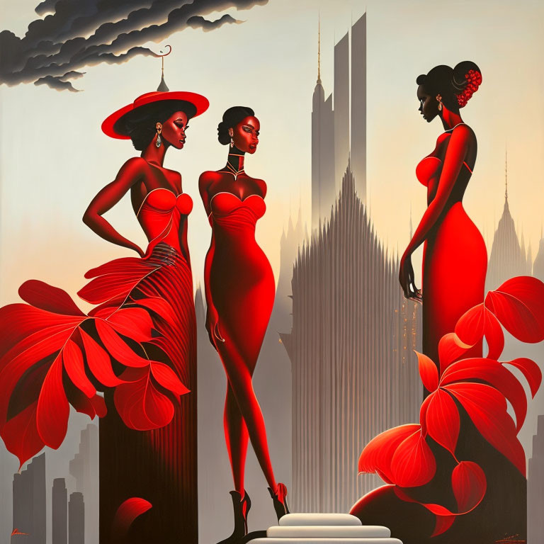 Stylized women in red dresses against city skyline