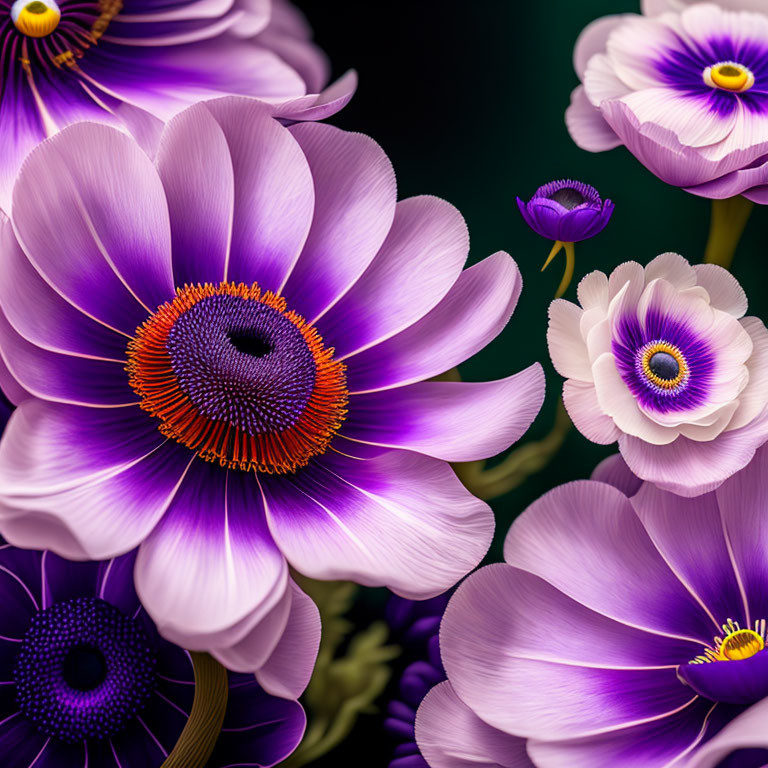 Vibrant purple flowers with dark centers on dark green background