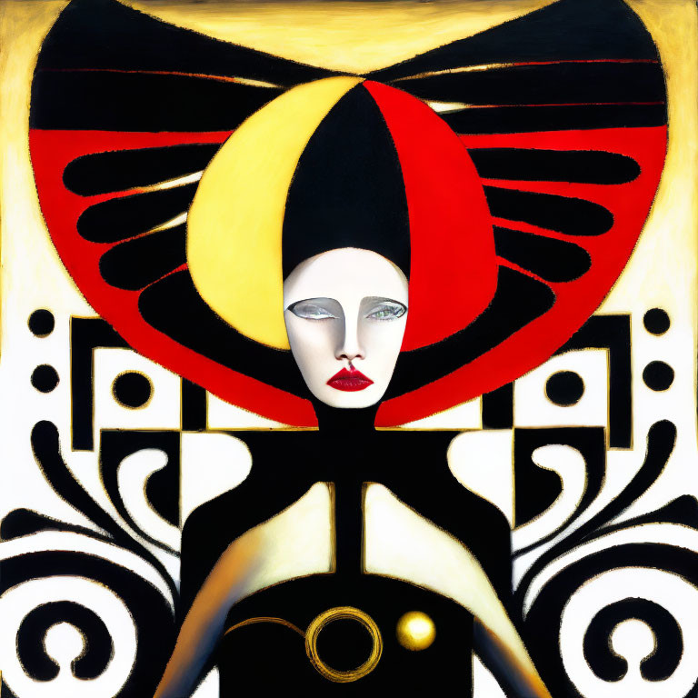 Stylized female figure with red and black headdress in abstract painting