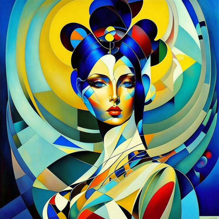 Colorful Abstract Painting: Woman with Blue Hair and Geometric Shapes